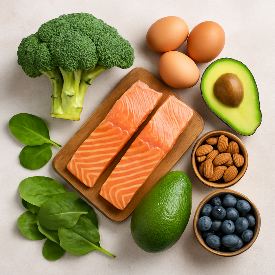 A close-up of a healthy meal with grilled salmon and steamed broccoli on a white plate, symbolizing clean eating and nutrition-focused lifestyles.