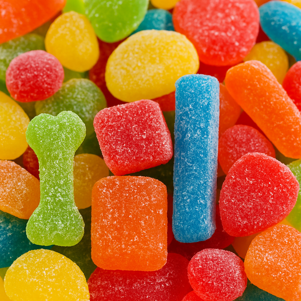 A close-up of brightly colored, sugar-coated gummy candies in various shapes and sizes, highlighting the vibrant hues of artificial food dyes.
