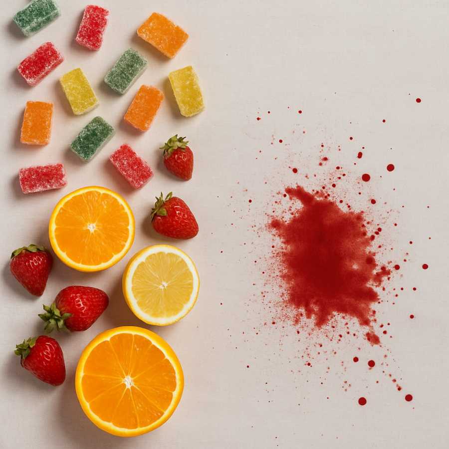 A flat lay of sliced citrus fruits, strawberries, colorful sugar-coated candies, and a red powder splash on a white background—symbolizing both natural and artificial food color sources.