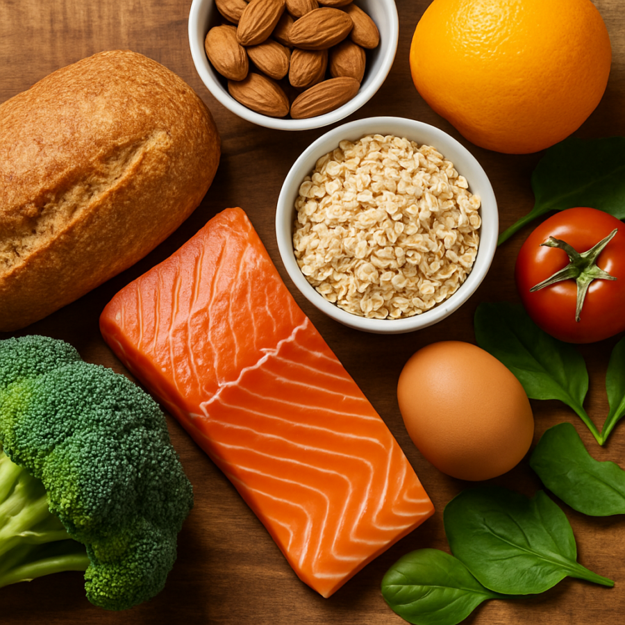A close-up view of fresh vegetables including carrots, broccoli, and greens arranged on a rustic table, representing whole food nutrition and clean eating.
