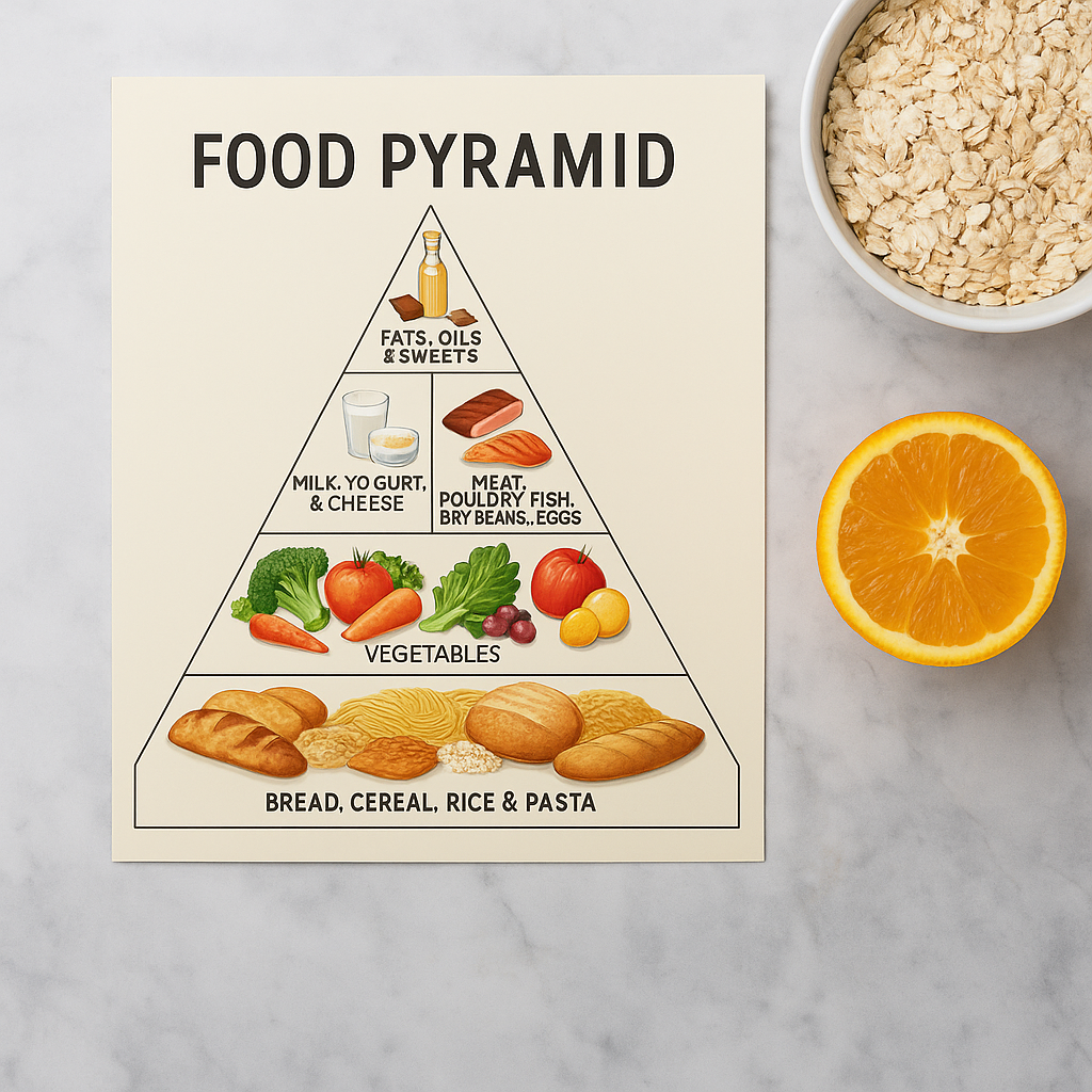 A photograph of a printed food pyramid chart displayed on a kitchen counter beside groceries, highlighting changes to nutritional guidelines.