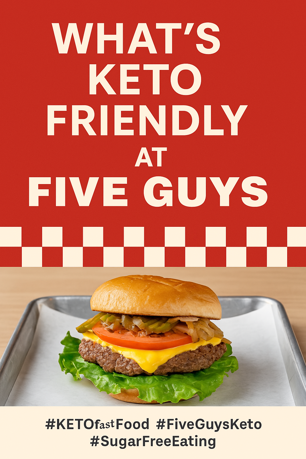Eating keto or sugar-free at Five Guys? This helpful guide shows exactly what to order and what to skip—like bunless burgers, low-carb toppings, and diet-friendly drinks. Perfect for anyone trying to stay low carb at their favorite burger joint! #KetoFastFood #FiveGuysKeto #SugarFreeEating #LowCarbGuide #KetoTips #BunlessBurger