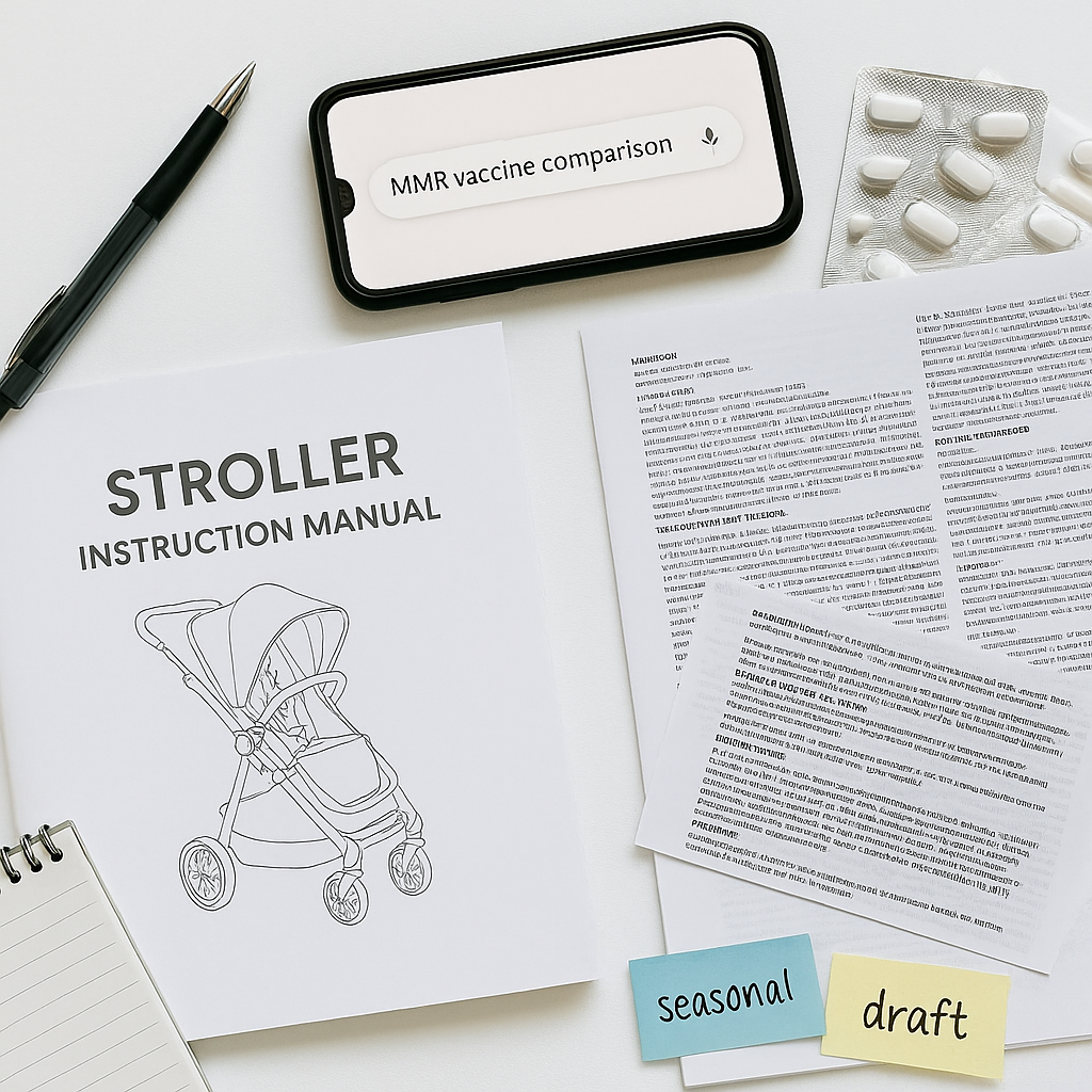 Side-by-side shot of baby stroller documentation and medical product inserts.